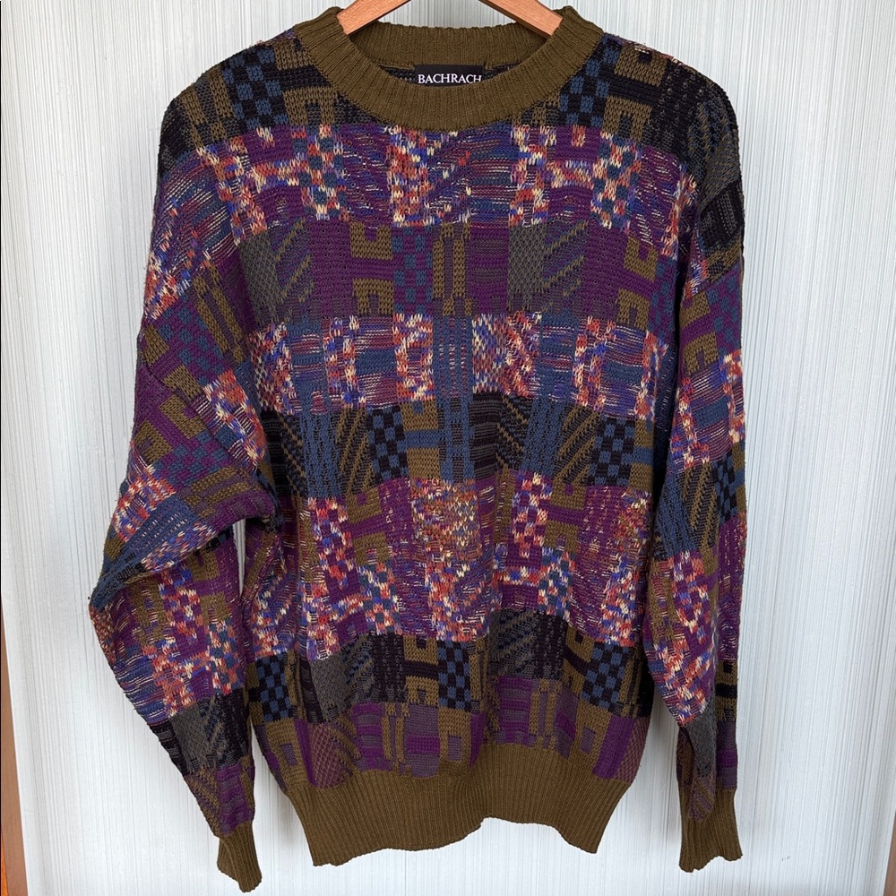 Vintage 80s 90s Bachrach Geometric Patchwork Colorblock Knit Crewneck Sweater